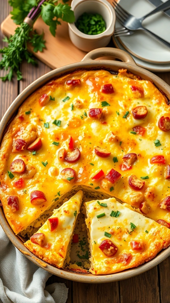 A savory egg casserole with cheese and vegetables, served in a baking dish on a wooden table.